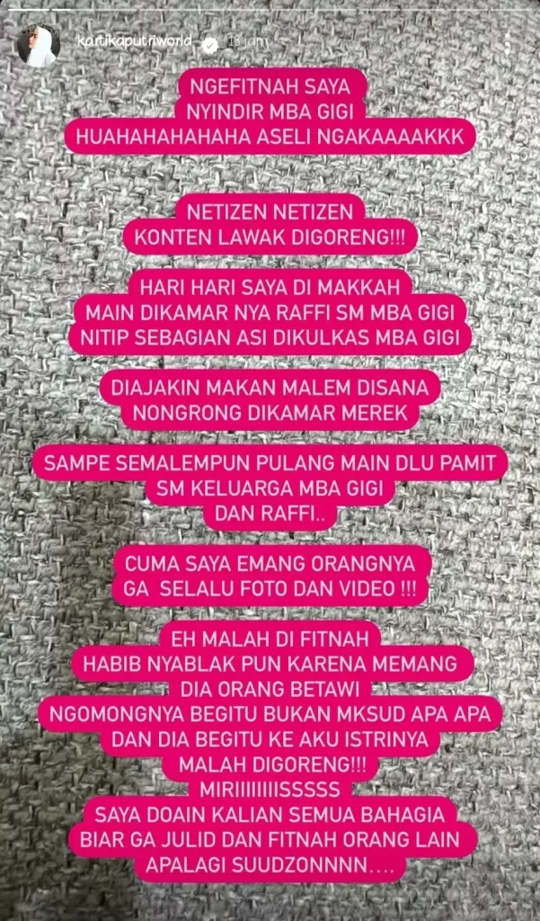 Klarifikasi Kartika Putri melalui Instagram Story 